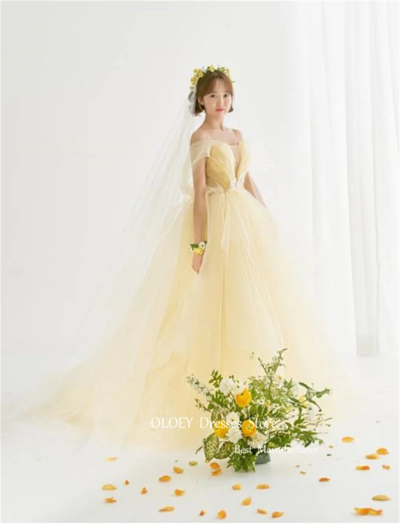 OLOEY Fairy Lemon Yellow Tulle Korea Evening Dresses Wedding Party Spaghetti Straps Off Shoulder Prom Party Dress Corset Back