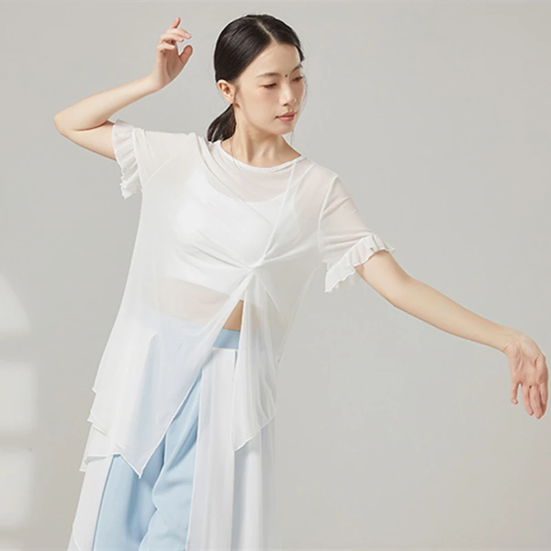 Classical Dance Gauze Tops Women Short Sleeve Sheer Shirts See Through Irregular Blouse Twist Knot Waist Yoga Training Clothes