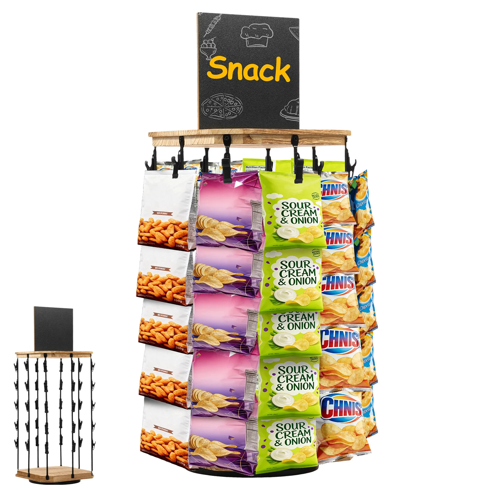 40 Clips Snack Display Rack 360°Rotating Wooden Base with Message Board Snack Bag Holder Stores Countertop Organizer