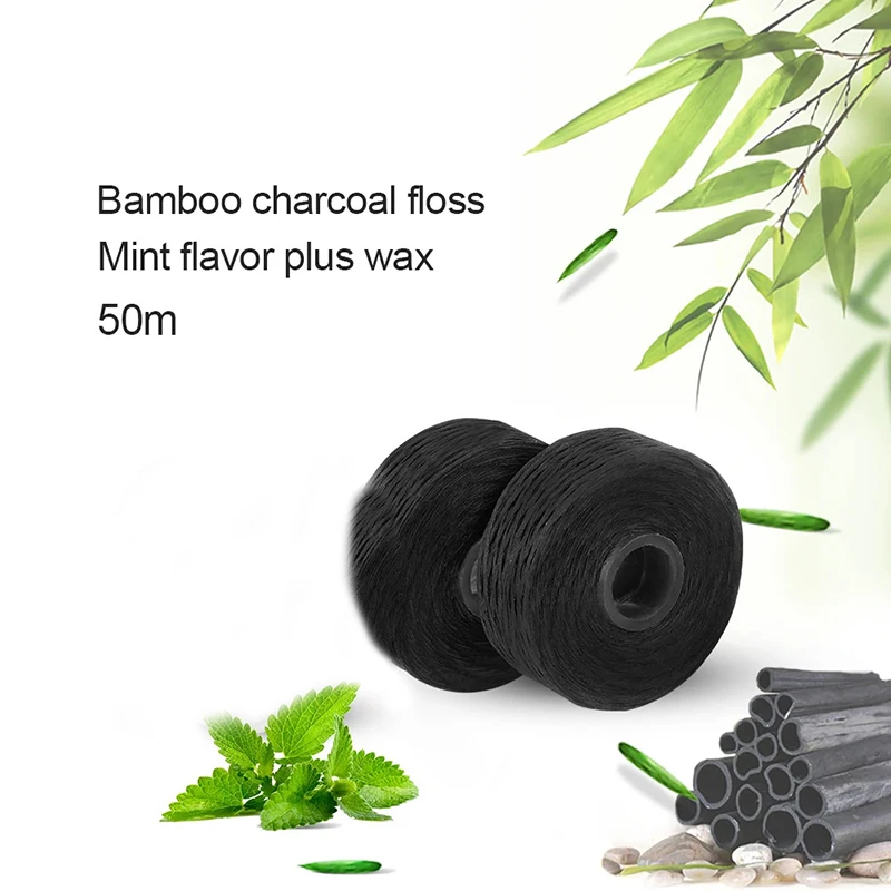 Dental Flosser Black Water-Expandable Built-In Spool Wax Mint Flavored Replacement Flat Wire Floss 50m/Roll