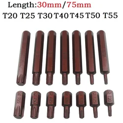 1pcs Torx Star Screwdriver Bits 30mm & 75mm Hex Shank T20 T25 T30 T40 T45 T50 T55 Impact Driver Magnetic Anti Slip Electric Hex