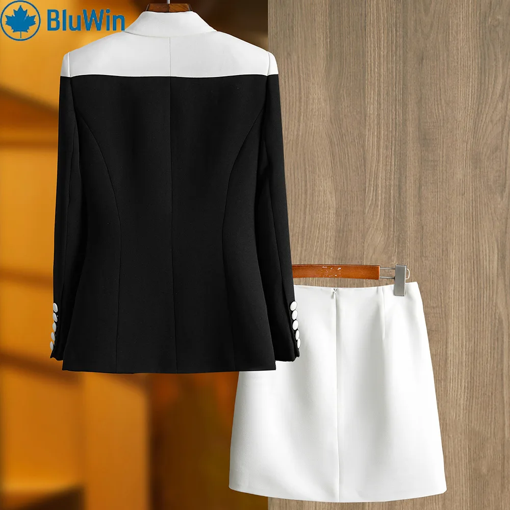 BluWin Set Rok 2 Potong Fashion Korea Wanita Blazer Crop Blok Warna Hitam Putih dan Rok Mini Setelan Wanita Kantoran