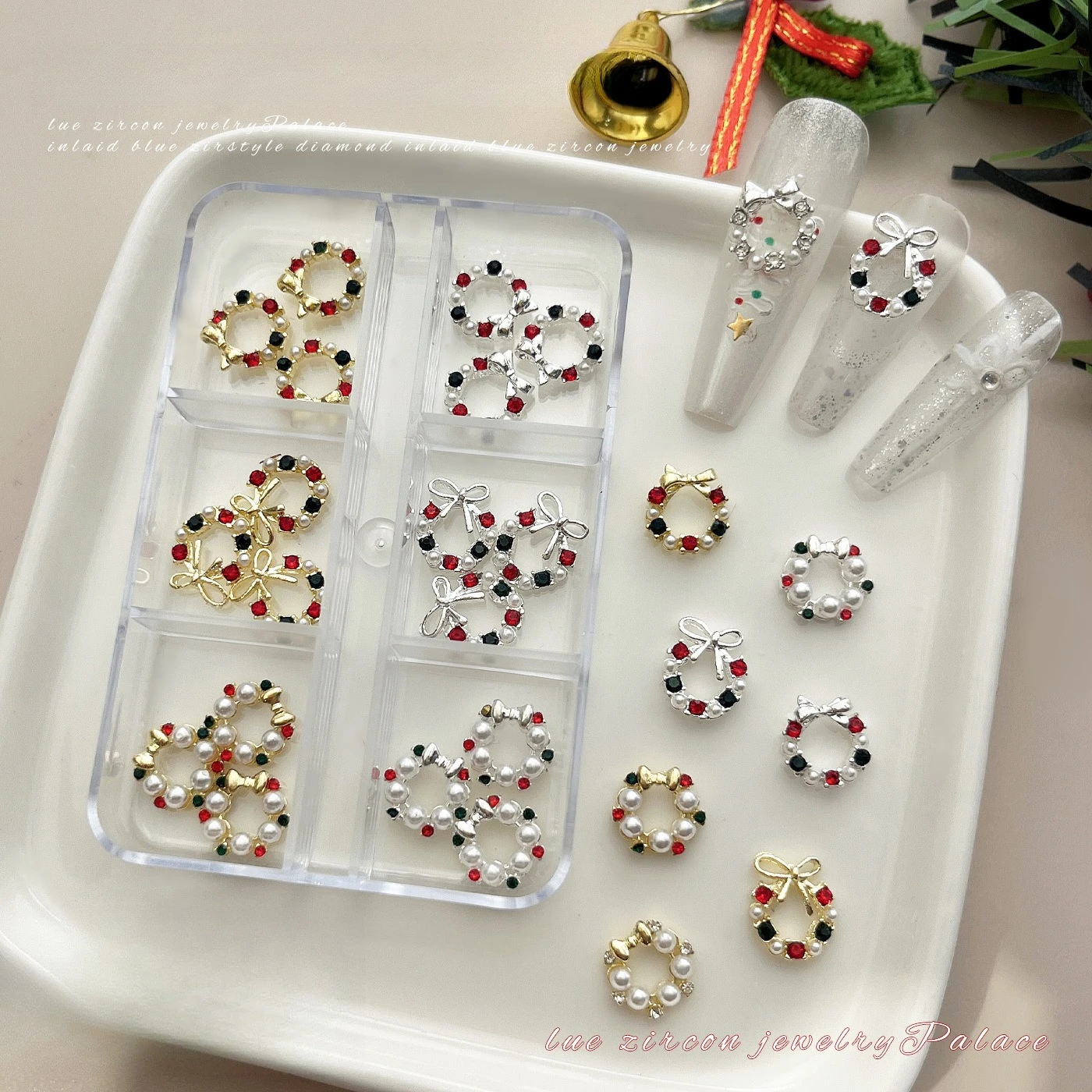 1Pcs 6 Grids Christmas Wreath 3D Alloy Diamond Pearl Nail Charms Set DIY Handmade Press On Nails Manicure Decor Parts view 2