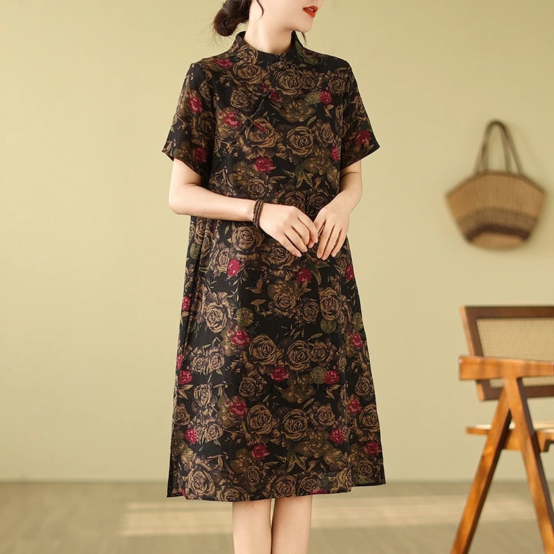 2025 chinese vintage dress traditional cotton linen dress improved cheongsam national flower print folk qipao a-line dress