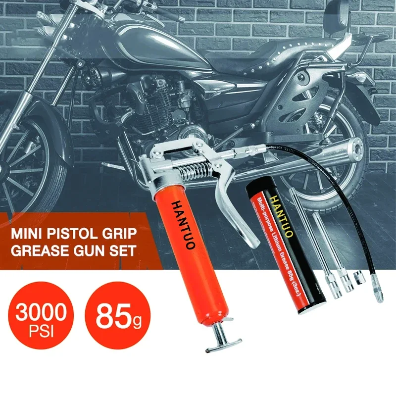 

Grease Gun 3000 PSI Pistol Grip 3 oz Load 18Inch Spring Flex Hose 2Grease Couplers 2Extension Rigid Pipes and 1Sharp Type Nozzle