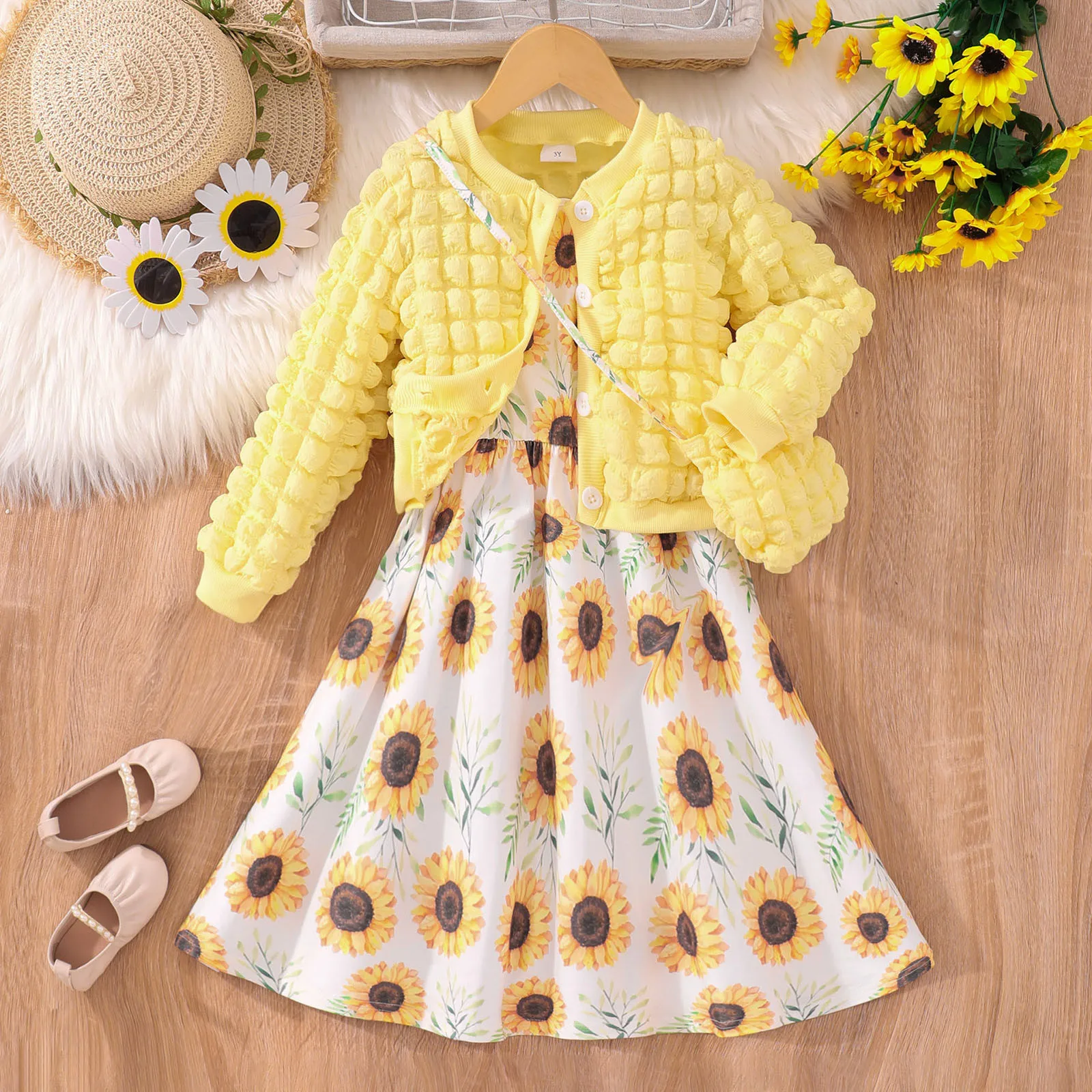 Kids Girls Long Sleeve Coats And Floral Print Tank Dress+Bag 3PCS Outfits Clothes Set For Children Kids Fall Winter Clothes 2-7Y