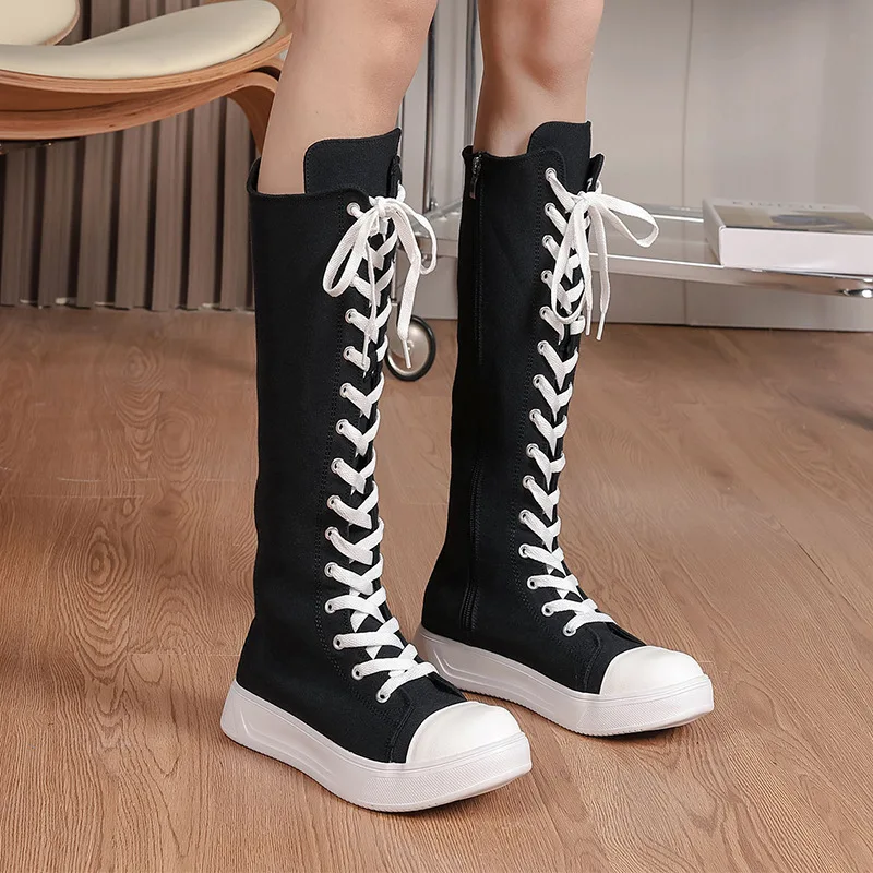 

Knee-High Canvas Botas Largas De Mujer Narrow Band Lace-Up Long Boots For Women Back Zipper Patchwork Color Botas Femininas 2024