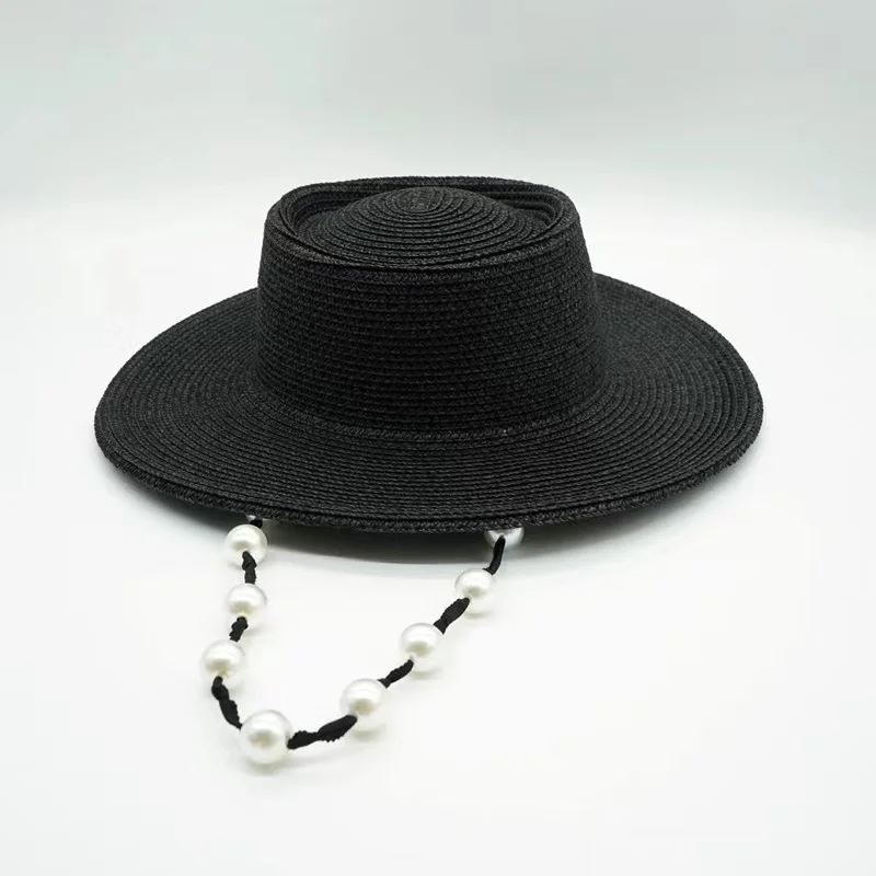 2022 New Handmade Panama Jazz Summer Hollow Out White Black Paper Beach Pearl Chain Lady Fedoras Women Panama Hat Wholesale