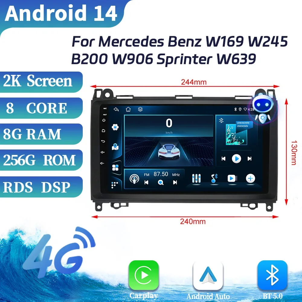 Para Mercedes Benz W169 W245 B200 W906 Sprinter W639 inalámbrico Android Bluetooth Carplay 4G GPS Multimedia Radio de coche pantalla táctil