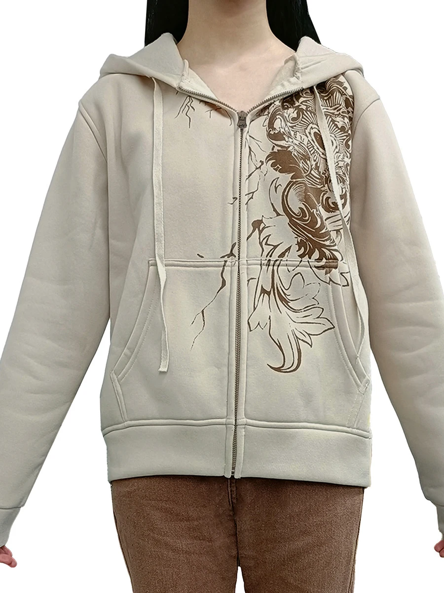 

Women's Khaki Hoodie Vintage Cool Print Pocket Hoodie Long Sleeve Graphic Print Zip Closure Sweatshirt Jacket