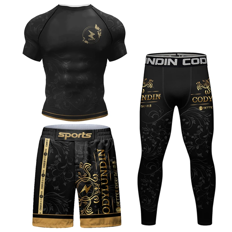 Nowe koszulki koszulka kompresyjna MMA MMA bokserskie koszulki Rashguard + spodnie męskie Jiu Jitsu koszulki bokserskie BJJ spodenki Muay Thai