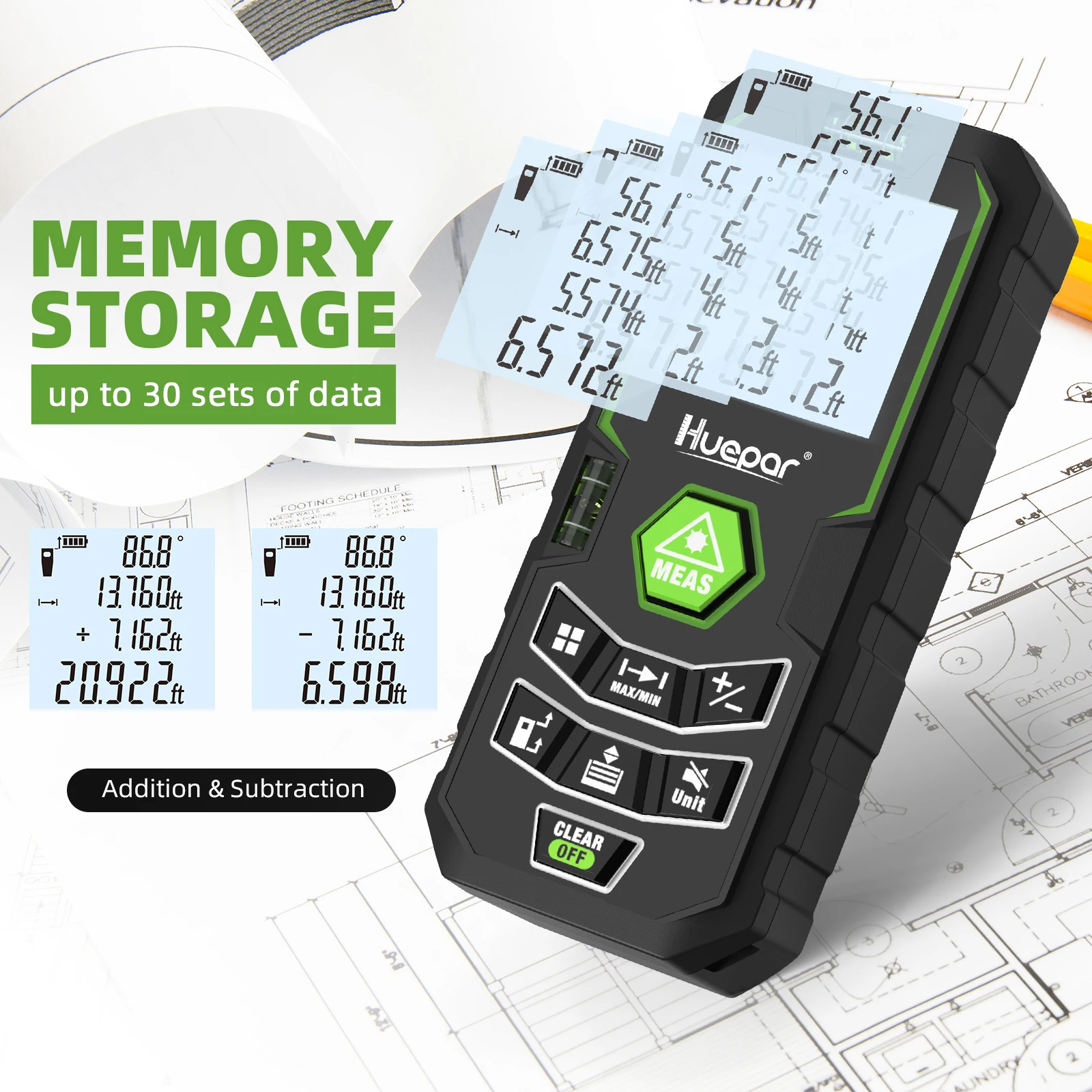 Лазерный дальномер Huepar X6, дальномер 330 футов/100 м (165 футов/50 м, 390 футов/120 м) с режимами измерения M/in/FT и датчиком угла