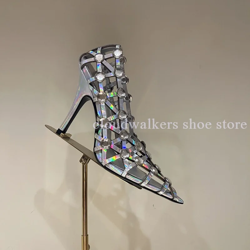 جديد تنفس جوفاء كريستال جوهرة مطعمة صندل مثير أشار تو شبكة الانزلاق على خنجر صندل موضة Slingback حذاء بسيور الظهر