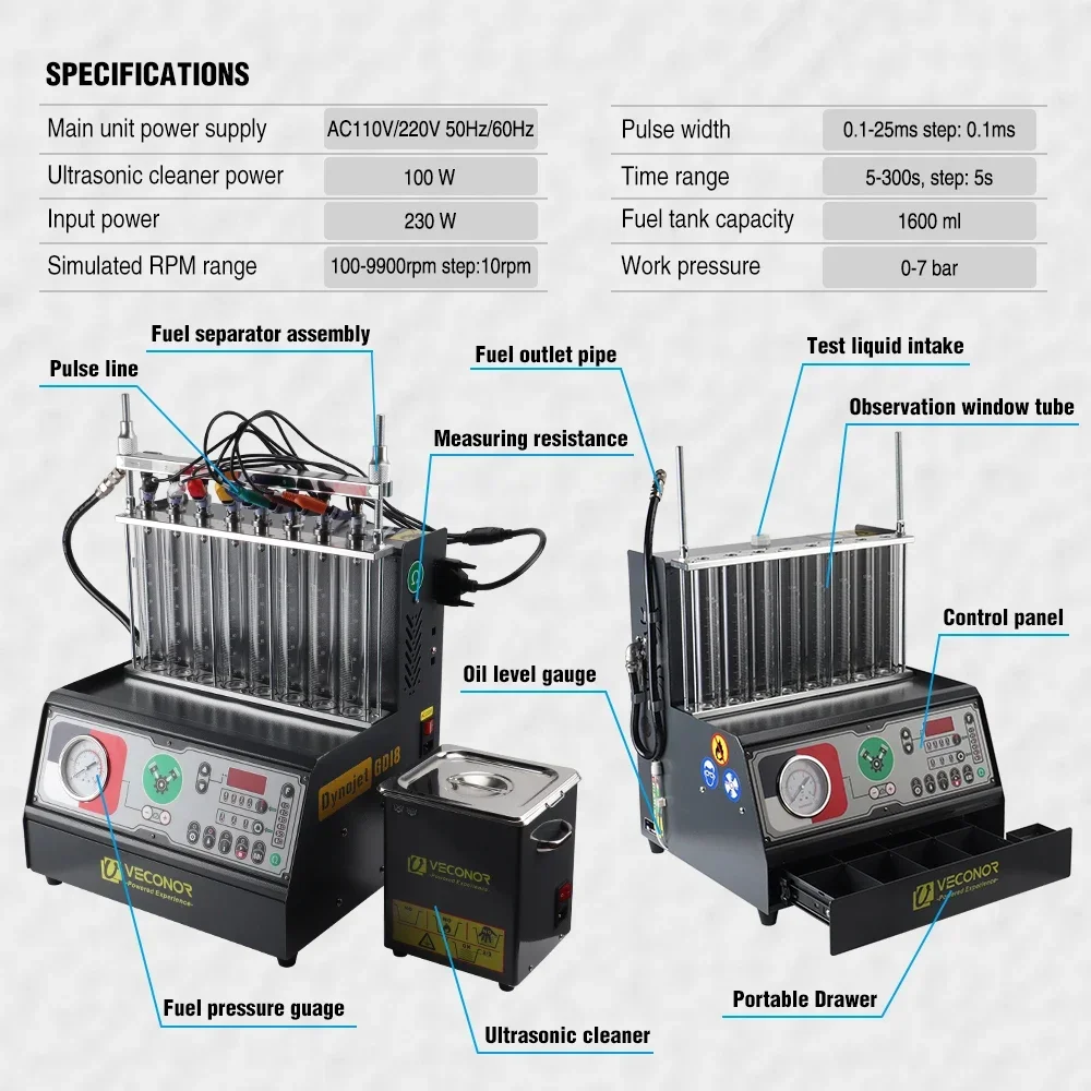 GDI Fuel Injector Cleaner & Tester Cleaning Machine Intelligent Car Ultrasonic Cleaner 8-Cylinders 110V 220V - Dynojet GDI8