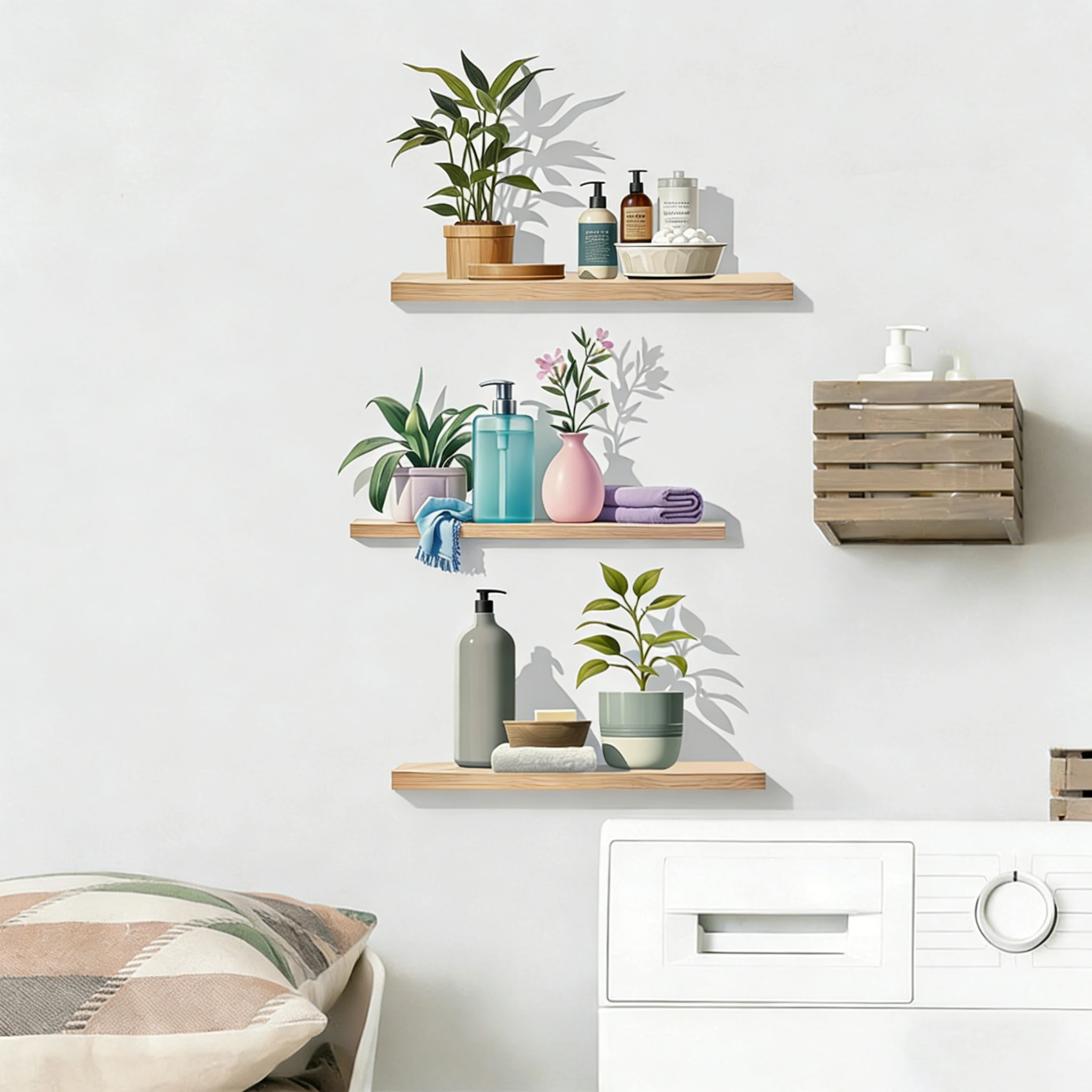 3D Bathroom Shelf Wall Stickers, Realistic Floating Shelves with Plants & Toiletries Decals