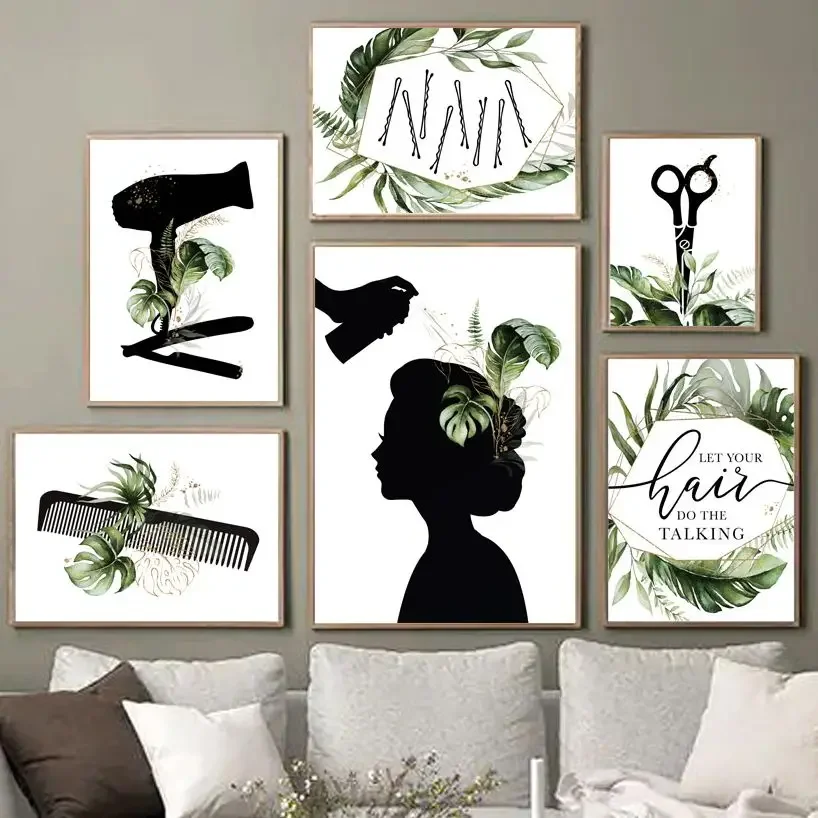 Monstera Hair Dryer Scissors Comb Issue Card Art Canvas Painting Posters Prints Wall Pictures For Living Room Beauty Salon Decor