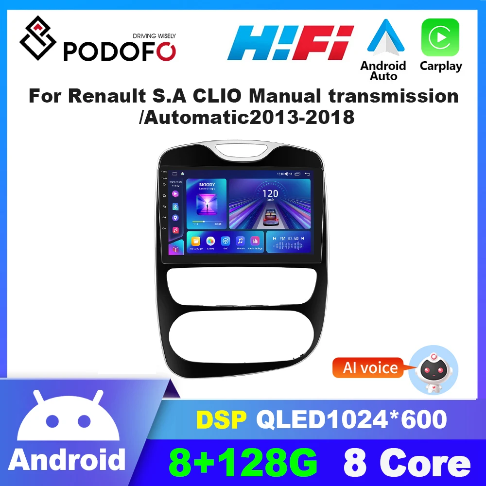 

Podofo 2din autoradio Android Car Radio for Renault S.A CLIO 2013-2018 Wireless CarPlay Android Auto Multimedia palyer GPS 4G