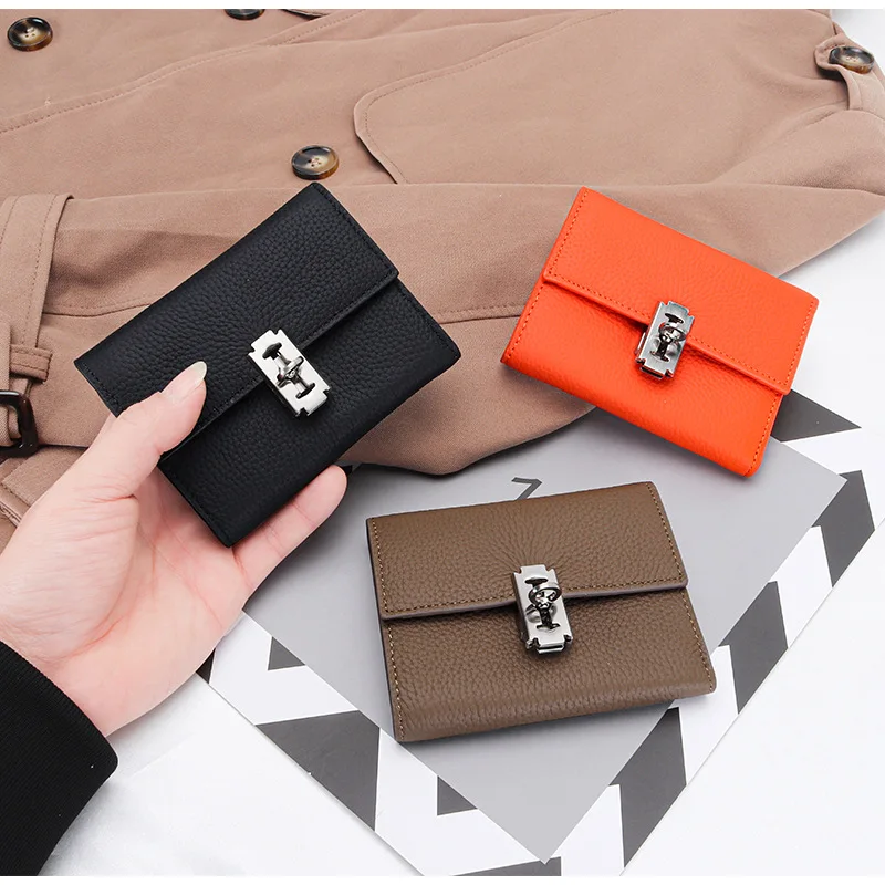 Gift Box Leather Short Three-fold Small Purse Women's 2023 New Temperament Leather Folding Short Money Clip Multi-card Change