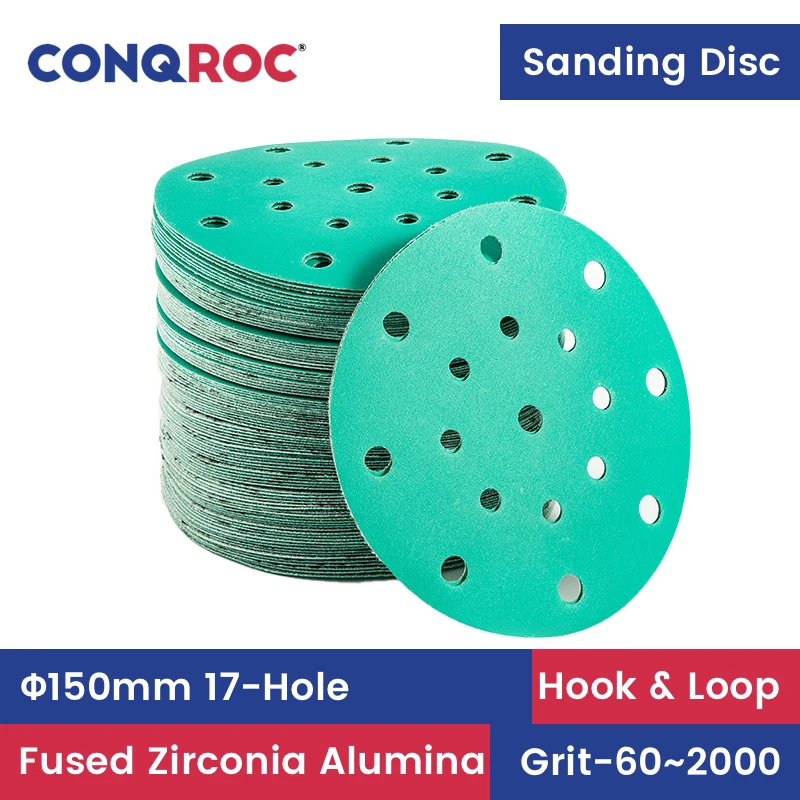 Sanding Discs 150mm 17-Hole Fused Zirconia Alumina Dry and Wet Sandpapers Polyester Film Hook & Loop 100-Piece Grit-60~2000