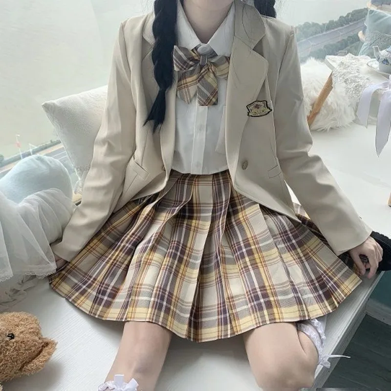 日本のアニメjk制服、プレッピースタイルの女の子のコスプレ衣装、緑のビジネススーツ、市松模様のナイフ、プリーツスカート