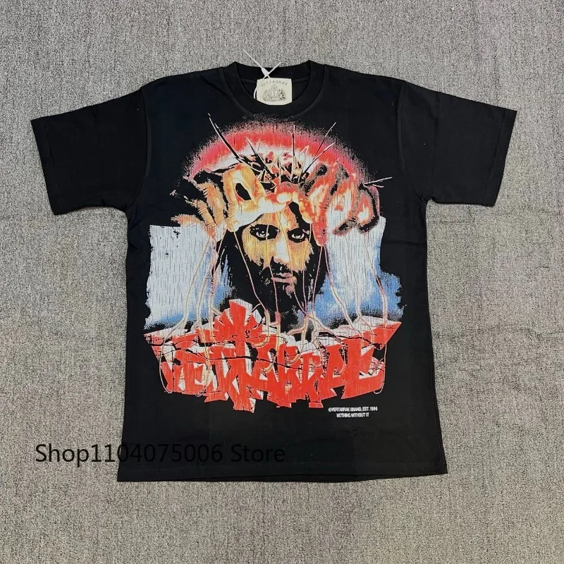 

Retro Print Saint Men's T-Shirt Hip Hop Style Short Sleeve Loose Fit Cotton Casual Street Tee