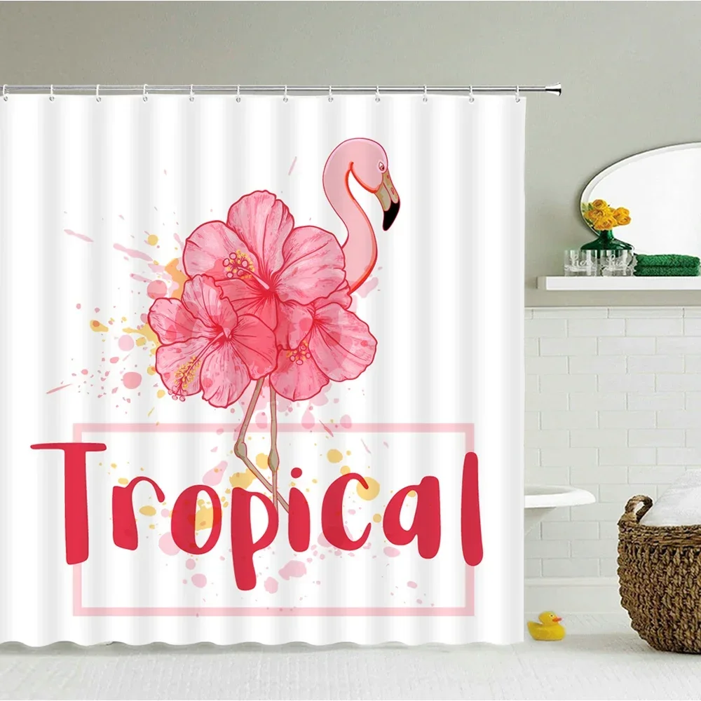 Pink Flamingo Flowers Shower Curtains Bathroom Curtain Waterproof Polyester Cloth Bathroom Curtain With Hooks Large Size 240X180