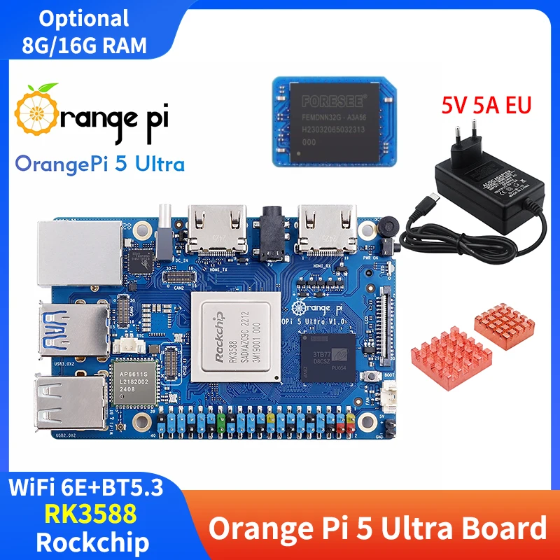 

Orange Pi 5 Ultra 8G/16G RAM Rockchip RK3588 Development Board WiFi 6E+BT5.3 M2 Slot 2.5G LAN Mini PC For Orange Pi 5 Ultra