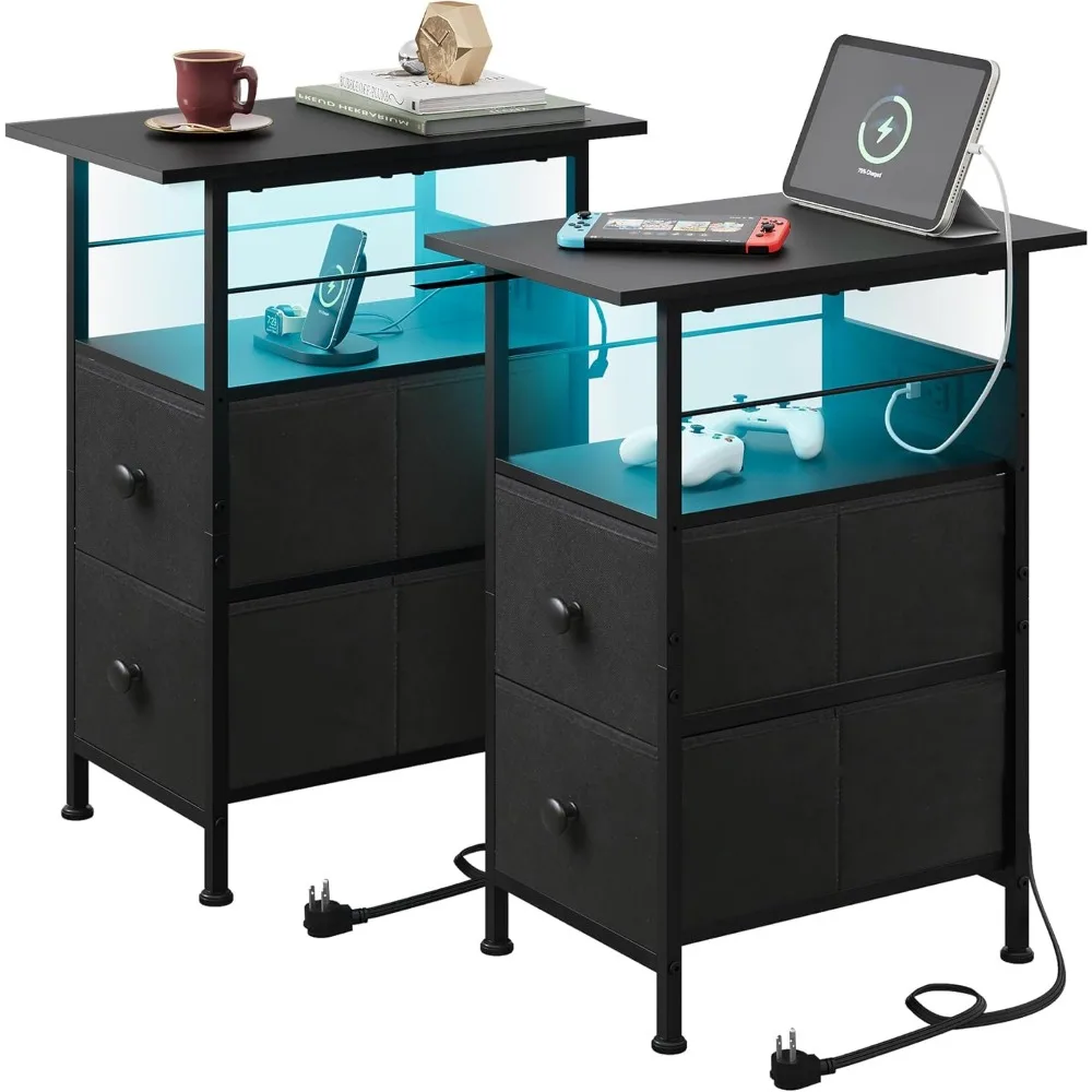 

Набор из 2 тумбочек с зарядной станцией, наборы торцевых столиков со светодиодной подсветкой, 2 тканевыми ящиками и открытой полкой, прикроватный столик