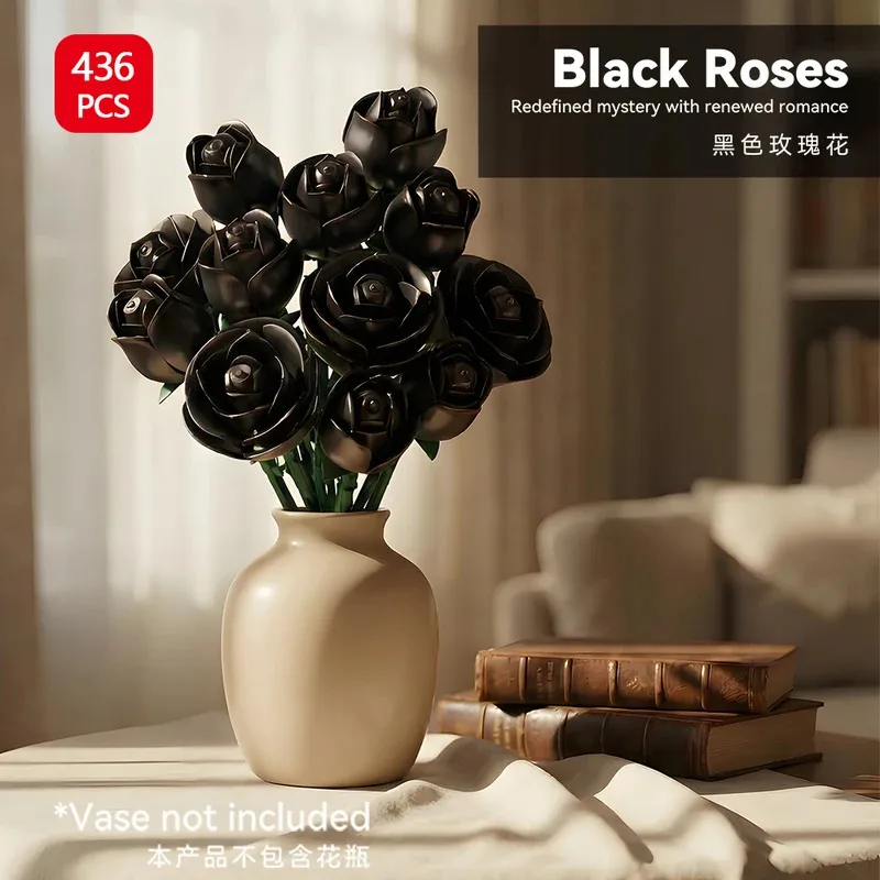 

12 Black Rose Preserved Flower Bouquet Building Blocks Set, Desktop Ornament, Valentine's Day Gifts for Girls
