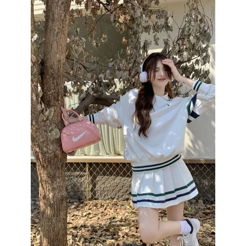 طقم رياضي كاجوال مكون من قطعتين تنورة قصيرة سويت شيرت أنيق مخطط Preppy Sweet Spicy Girl موضة ربيع الخريف #4