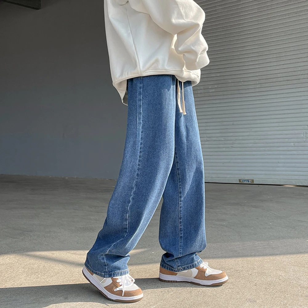 Baggy Jeans Men 2023 New Drawstring Elastic Waist Straight Wide Leg Pants  Fashion Black Hip Hop Denim Trousers Light Blue