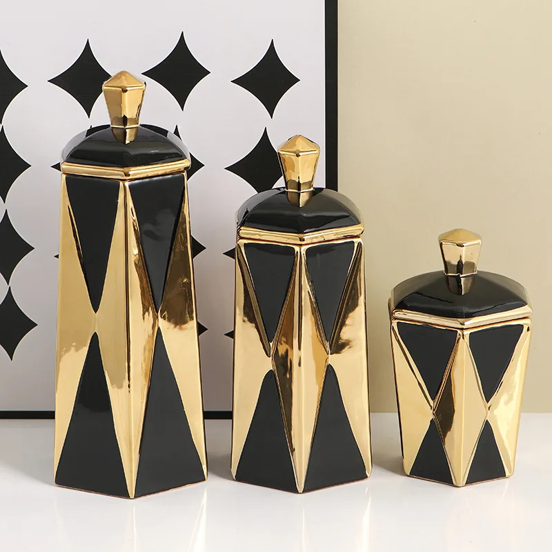 Middle Eastern geometric diamond shaped ceramic jars, vases, light luxury living room decorations, creative interior decoration,