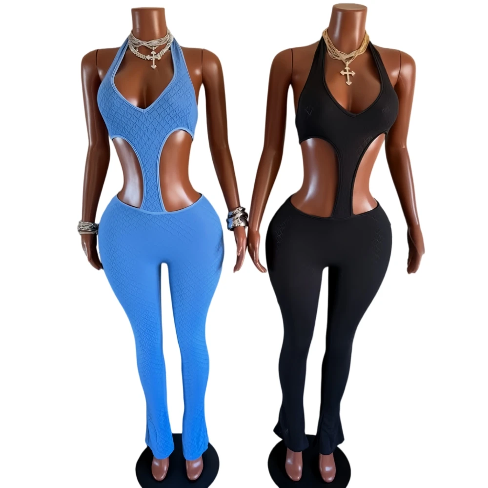 FAGADOER Sexy Lace Hollow-out Patchwork Bodycon Jumpsuits Woman Halter See Through Backless Rompers Female Streetwear Overalls - Image 5