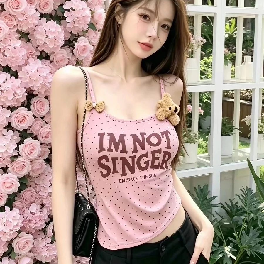 Sweet Spicy Bear Polka Dot Print Plush Vest with Chest Pad Slimming Strap Top Pure Desire Short Length U-Neckline Summer Fashion