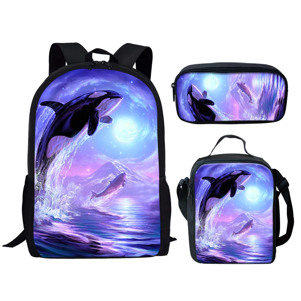 

Cute Cartoon Killer Whales Sea Animals 3Pcs School Bags 3 Set for Teen Boys Girls Casual School Bag Lunch Bag Pencil Case