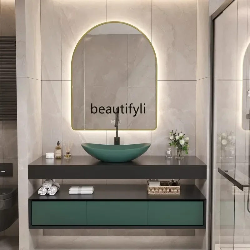 

Stone Plate Double Laer Bathroom Cabinet Combination Solid Wood Washbasin Bathroom Washstand Sink Table Basin