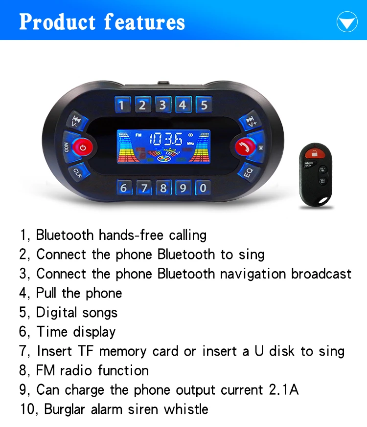 MT730 Motorcycle Bluetooth Speaker Amplifier Output 2.1A MP3 Music Player USB FM Radio Stereo LoudSpeaker Burglar Alarm Siren