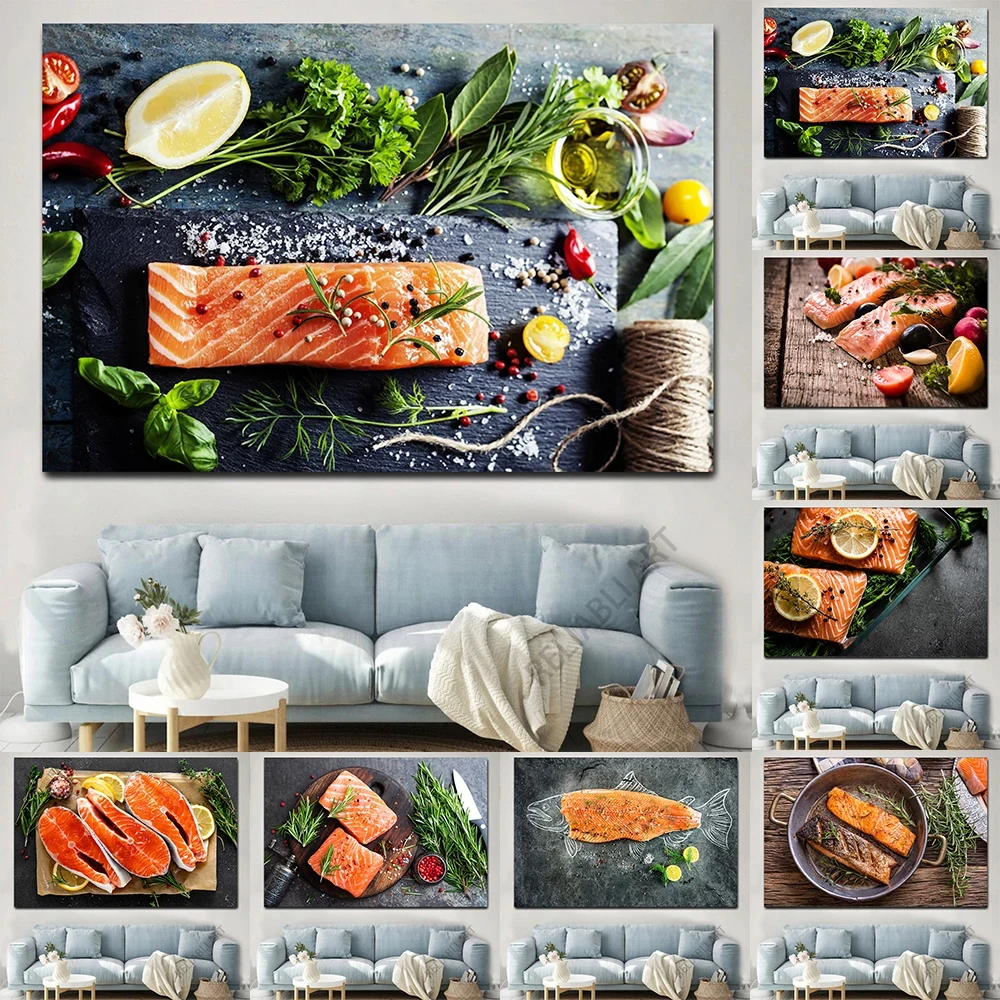 Fresh Salmon Fish HD Pictures Canvas Painting Raw Salmon Fish Posters and Prints Sea Food Wall Art Restaurant Kitchen Wall Decor