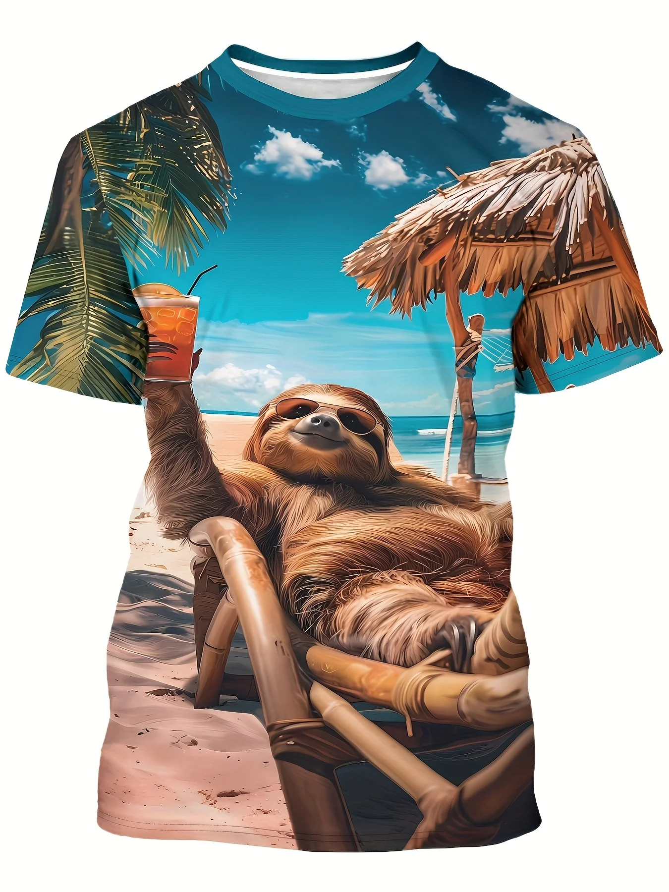 

Men'S 3D Tropical Beach Sloth Print T-Shirtsoft Polyester Fabric Summer Round Neck T-Shirt Regular Fit Suitable for Daily