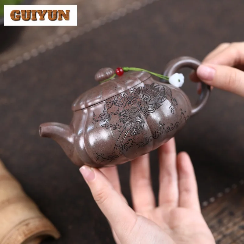 

230ml Yixing Purple Clay Teapots Handmade Rib Dragon Pot Raw Ore Wood-fired Porcelain Mud Kettle With Strainer Zisha Tea Set Cha