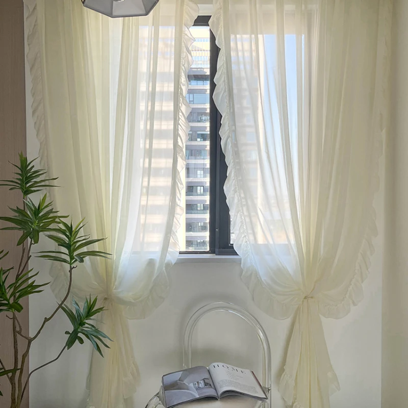 Simple Generous and Romantic French Rococo Gauze Curtain New Bedroom Balcony Sun Proof Ruffle Shaped Diamond Gauze Curtain