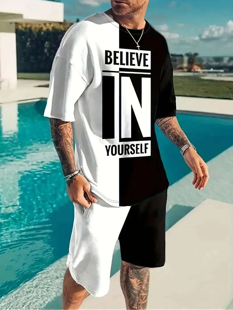 3D Believe In Yourself Printed T Shirt+Shorts 2PCS Outfits Summer Men's Casual Sport Suit Fashion Beach Short Sleeve T-shirt Set