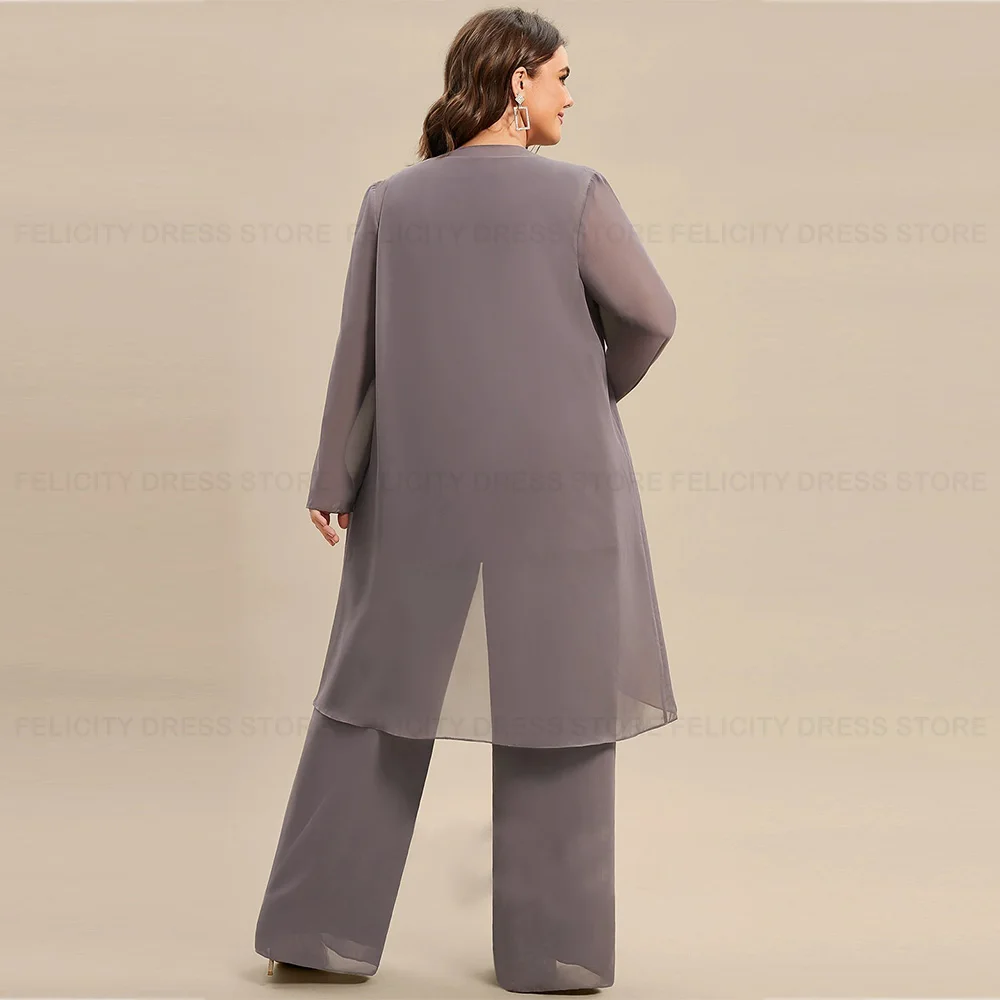 Vestido de talla grande de tres piezas para madre de la novia, traje de Pantalón de gasa para invitados de boda, 2023