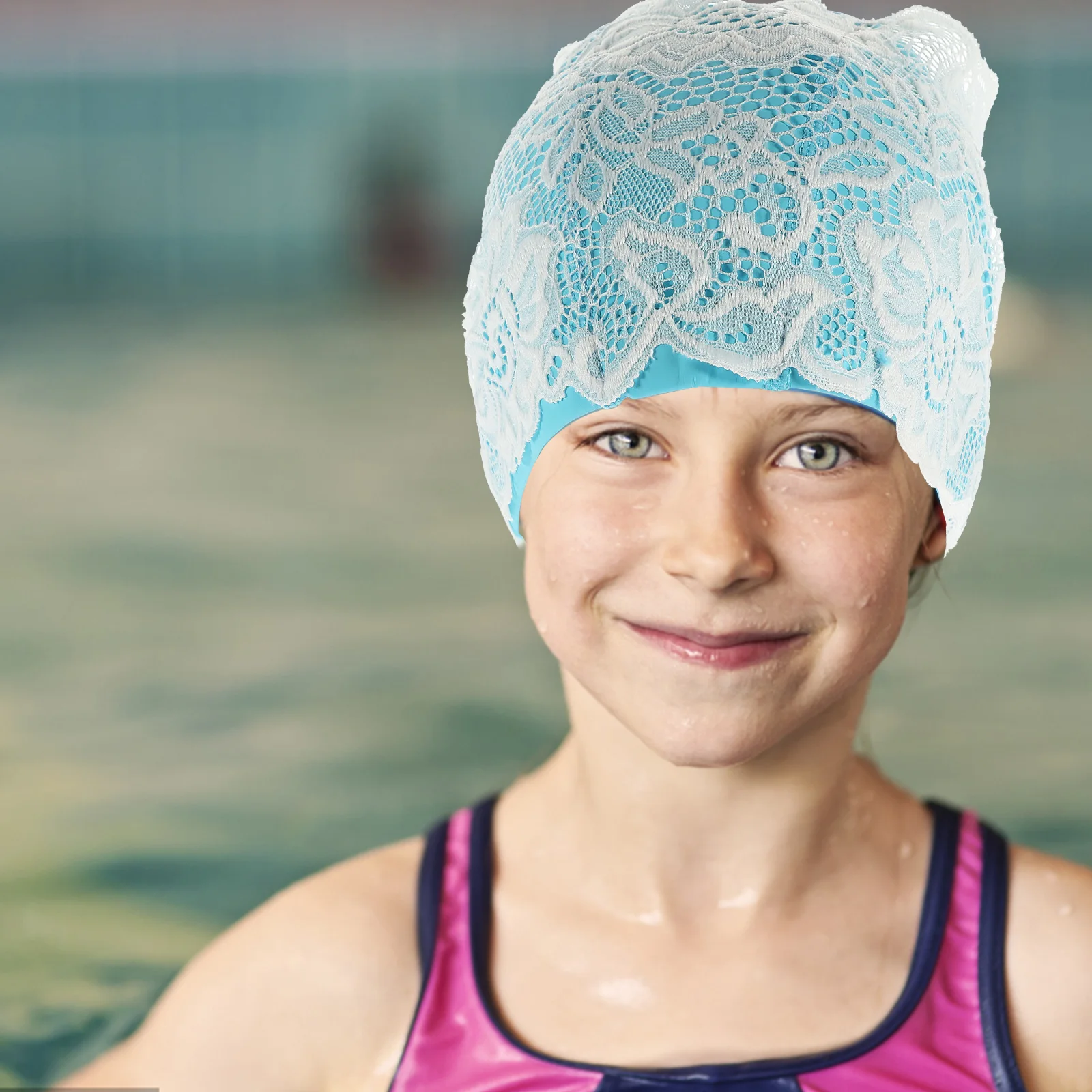 

2Pcs Waterproof Caps Elastic Swim Caps Women Girls Lightweight PU Lace Elastic Bathing Hats Headwear Accessories