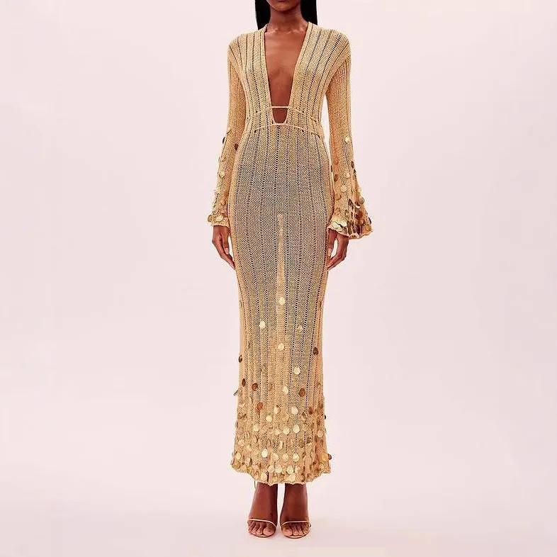 

V-tie Sequined Knitted Dress 2025 Spring New Sequined Dress