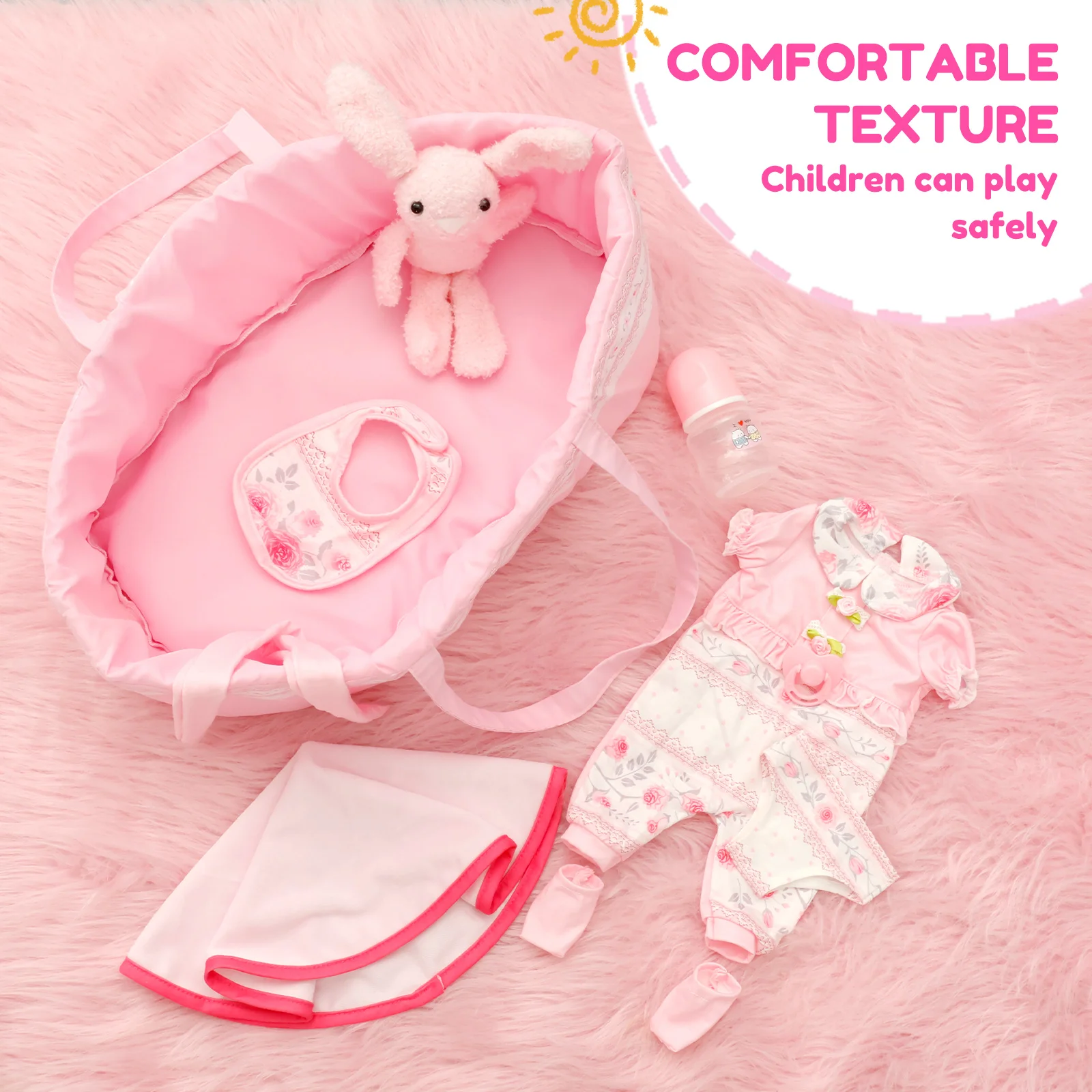10 Pcs Doll Clothes Set Portable Baby Doll Accessories Set with Bassinet Diaper Pacifier Feeding Bottle for Children Toddler