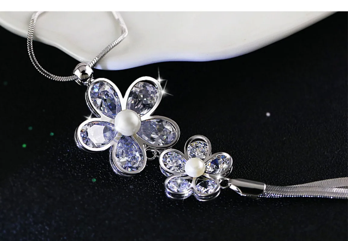 جديد مزدوج المزهر الزركون أربع أوراق البرسيم سترة طويلة قلادة، شرابة تنورة الإكسسوارات قلادة قلادة