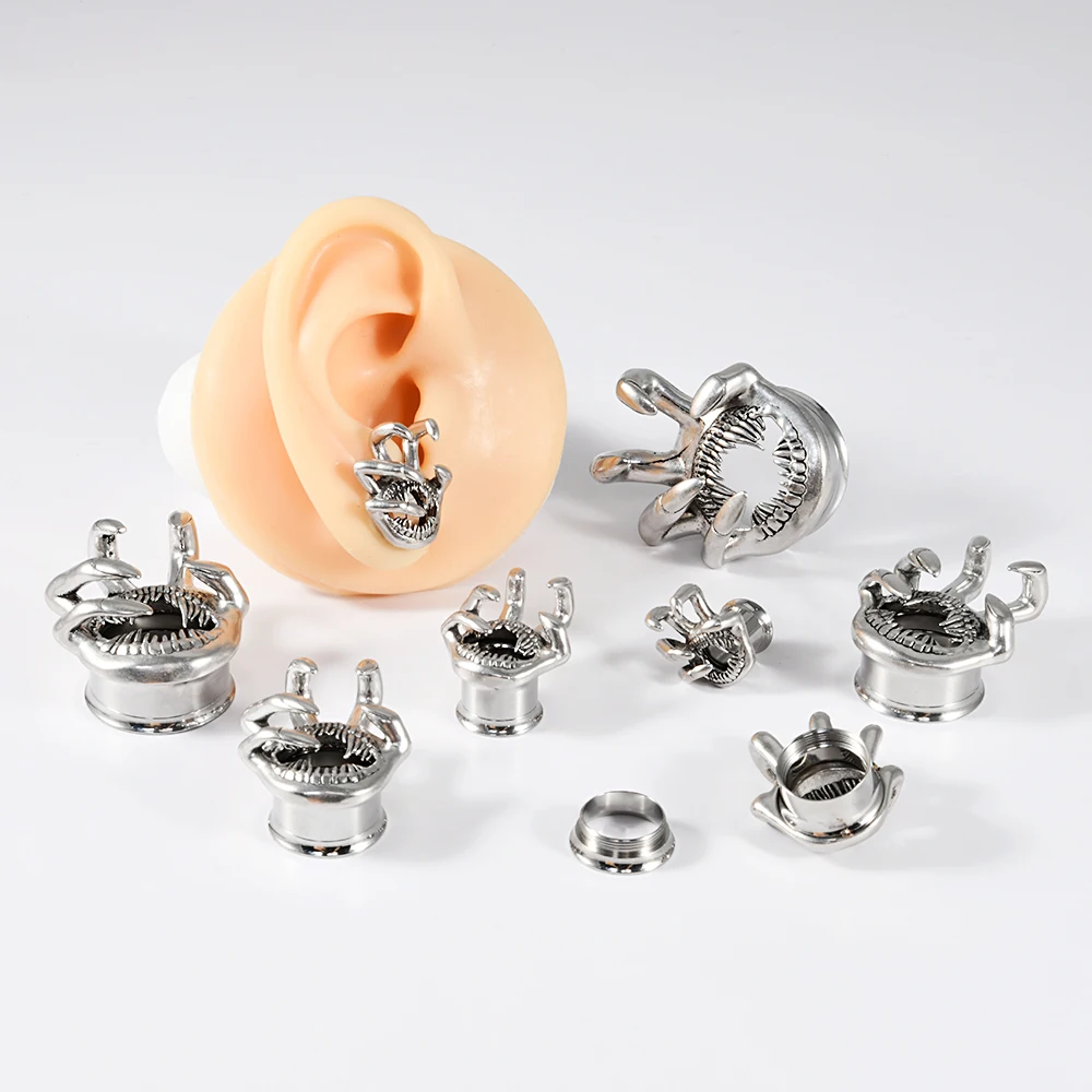 2PCS Stainless Steel Hell Claw Ear Gauge Tunnels Double Flared Ear Expander Stretchers Internal Thread Piercing Body Jewelry