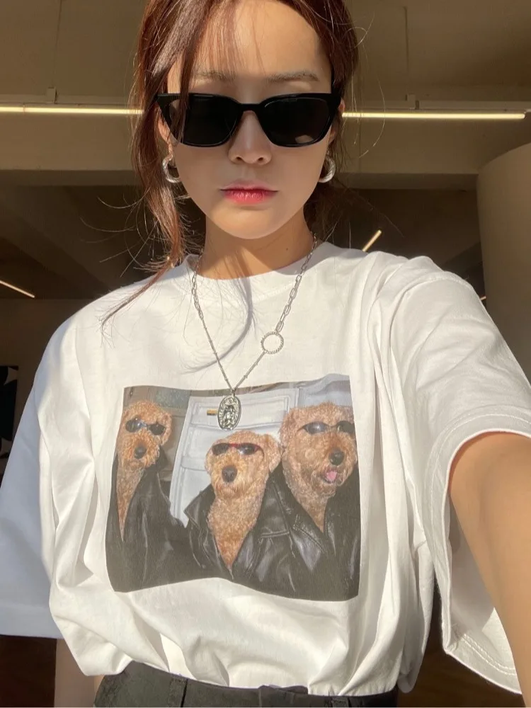 

Chic Summer Animal Print Loose Casual ort Sve round Ne T-irt Women's Top Faionable Versatile Dog Print Tee