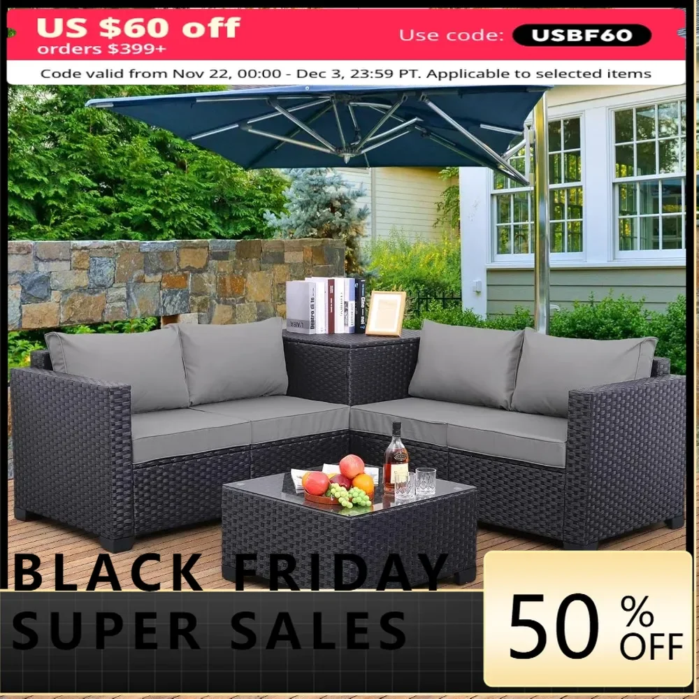 

Outdoor PE Wicker Patio Furniture Set 4 Piece Black Rattan Sectional Loveseat Couch Set Conversation Sofa with Storage Box